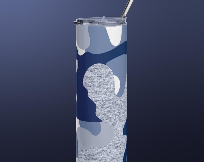 Blue White Camo Design Novelty Tumbler With Straw and Lid Made To Order Gift