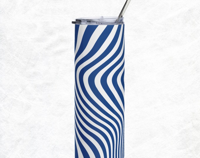 Blue White Striped Novelty Tumbler With Lid & Straw Home Office Goods
