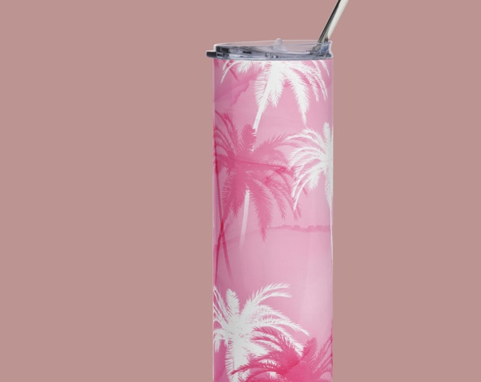 Pink White Tropical Design Beach Fun Novelty Tumbler With Straw and Lid Made To Order Gift