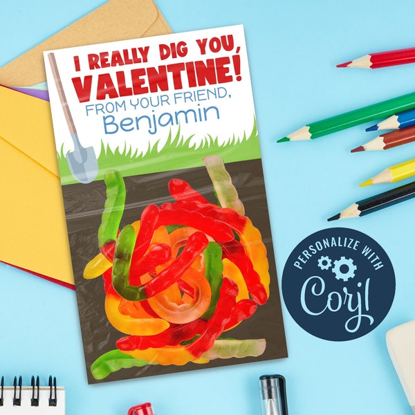 I DIG YOU Gummy Worm Valentine's Day Treat Tags Cards Customize with Corjl  | Fast Easy Customizable Instant Download & Print | Try it Free!