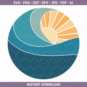 Puede incluir: Un gráfico circular que representa un amanecer sobre el mar. El diseño incluye una ola, el sol con rayos naranjas y capas de agua azul y turquesa. La parte superior de la imagen contiene el texto "SVG • PNG • DXF • EPS • JPG • PDF • AI".