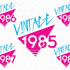 May include: Five pink and white triangles with the word "Vintage" and a year from 1985 to 1989 on each. The background is a white pattern of small circles.