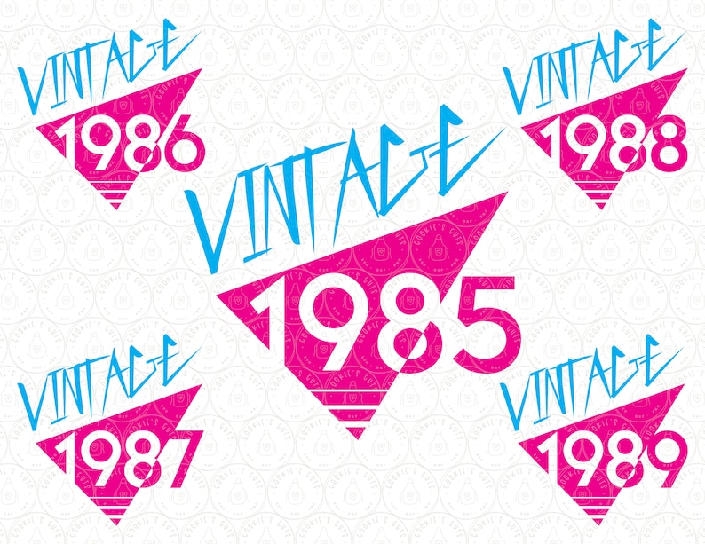 May include: Five pink and white triangles with the word "Vintage" and a year from 1985 to 1989 on each. The background is a white pattern of small circles.