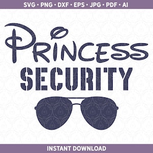 May include: A black and white graphic design with the text "Princess Security" in a stylized font. The design also includes a pair of sunglasses.