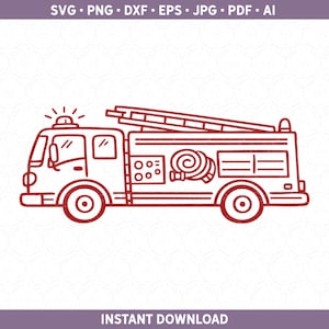 Può includere: Un'illustrazione a linee rosse di un camion dei pompieri con una scala sul tetto, un tubo arrotolato sul lato e una sirena. Il testo SVG, PNG, DXF, EPS, JPG, PDF, AI appare in alto e INSTANT DOWNLOAD è scritto in basso.