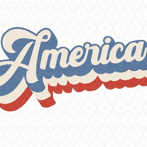May include: A retro-style graphic design of the word "America" in a bold, cursive font. The letters are layered in a 3D effect, with the colors red, white, and blue, reminiscent of the American flag.