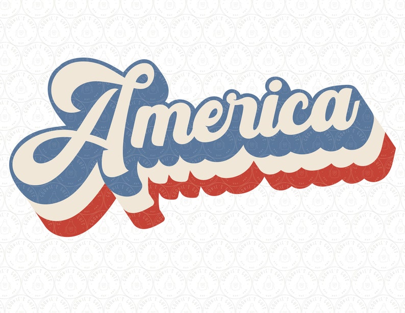 May include: A retro-style graphic design of the word "America" in a bold, cursive font. The letters are layered in a 3D effect, with the colors red, white, and blue, reminiscent of the American flag.