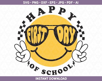 Erster Schultag SVG PNG | Retro Smiley Gesicht Back To School Schüler Lehrer Sublimation / Cricut® Silhouette Cut File pdf eps jpg dxf ai