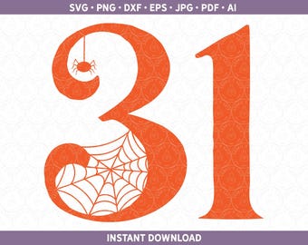 May include: Orange numbers 31 with a spider and spider web design. The numbers are filled with a repeating pattern of a pumpkin and ghost.