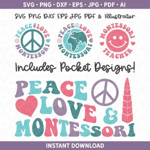 モンテッソーリ SVG | ピース ラブ モンテッソーリ PNG | 教師へのギフト 学校用昇華デザイン カット ファイル Cricut® シルエット dxf ai pdf eps jpg