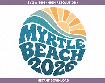 May include: A circular graphic design featuring the text MYRTLE BEACH 2026 in a bold, wavy blue font. The upper portion displays a stylized yellow sun with radiating lines and layered teal waves. The background contains a subtle repeating pattern.