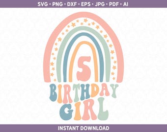 Boho Rainbow Fifth Birthday Girl SVG DXF PNG | Retro Party Shirt htv vinyl 5th Birthday Five 5 Cut File Cricut® & Silhouette pdf eps jpg