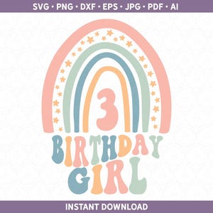 Dritte Geburtstag Kleinkind Mädchen Regenbogen Shirt SVG DXF PNG | Retro Party htv vinyl 3. Geburtstag drei 3 Schnittdatei Cricut® & Silhouette pdf eps jpg