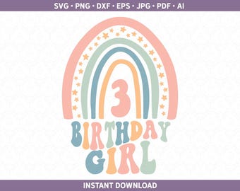 Third Birthday Toddler Girl Rainbow Shirt SVG DXF PNG | Retro Party htv vinyl 3rd Birthday Three 3 Cut File Cricut® & Silhouette pdf eps jpg