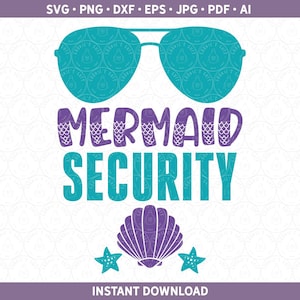 May include: A teal blue graphic with the text "Mermaid Security" in white letters with purple mermaid scales. The graphic also includes a pair of teal blue sunglasses with a purple scale pattern and a purple seashell with a white outline.
