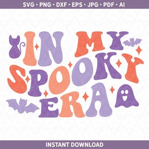 May include: Purple and orange text graphic with the words "In My Spooky Era" with a black cat, bats, and ghosts.