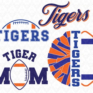 May include: A collection of blue and orange "Tigers" themed designs. Includes the word "Tigers" in a script font, a football graphic, and the words "Tiger Mom" with a football graphic.