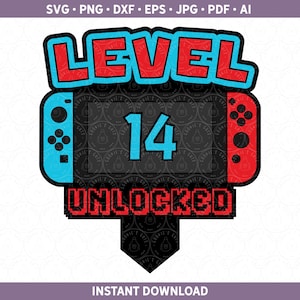 以下が含まれることがあります： 「LEVEL 14 UNLOCKED」の文字が入った、ゲームコントローラーのデザインのデジタルグラフィック。 「LEVEL」の文字は赤色で青い縁取りがあり、「14」の数字は青色です。 コントローラーは黒、赤、青です。