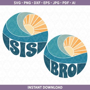 May include: Two blue and yellow circular designs with a wave and sun pattern. The text "SIS" and "BRO" is written in a stylized font.