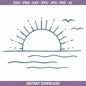 Beach SVG DXF, Vacay Vibe Summer Wave Landscape Sketch Line Drawing Sea Sunset Shirt Design Cut Files pdf eps jpg ai for Silhouette, Cricut®
