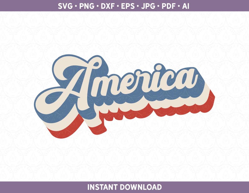 May include: A retro-style graphic design featuring the word "America" in a blue and white font with red, white, and blue stripes behind the text.