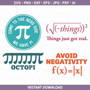 Peut inclure: Un cercle bleu turquoise avec le texte "Come to the Nerd Side We Have Pi" et un grand symbole pi. Sous le cercle se trouve une rangée de huit symboles pi avec le texte "Octopi" en dessous. Le texte "Avoid Negativity f(x)=|x|" est en rouge. Le texte "((-things))² Things just got real." est en noir.