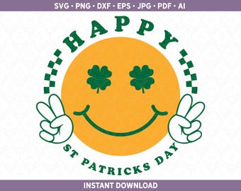 St Patricks Day SVG DXF PNG | 70s Retro Smilie Face Shamrock Shirt Cut File for Cricut® / Silhouette pdf eps jpg ai | St Patty's Sublimation