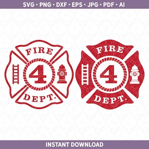 Distintivo dei vigili del fuoco Vigile del fuoco Camion dei pompieri Età Maglietta SVG DXF PNG, Quarto quattro 4 4° compleanno htv / File di taglio per Cricut® e Silhouette ai pdf eps jpg