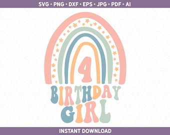 Boho Fourth Birthday Girl Rainbow Shirt SVG DXF PNG | Retro Party htv vinyl 4th Birthday Four 4 Cut File Cricut® & Silhouette pdf eps jpg