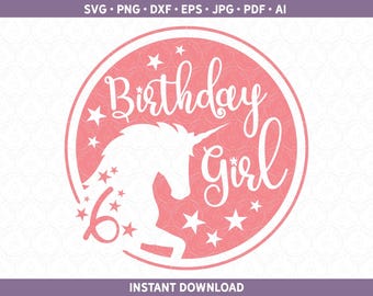 Einhorn 6. Geburtstag SVG DXF PNG Alter 6 Mädchen Bday Süßes Party Shirt, Six Sixth Bday htv | Schnittdatei für Cricut® & Silhouette ai pdf eps jpg