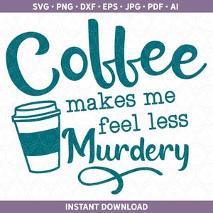 May include: Teal blue text on a white background reads "Coffee makes me feel less Murdery". A teal blue coffee cup with a white lid is to the left of the text.