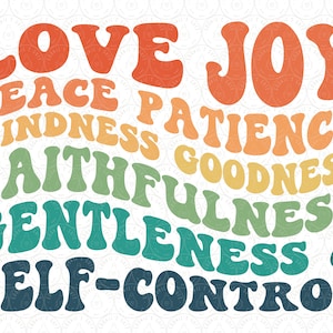 Puede incluir: Un dise&ntilde;o gr&aacute;fico colorido con las palabras "Amor, Alegr&iacute;a, Paz, Paciencia, Bondad, Fidelidad, Mansedumbre y Autocontrol" en un patr&oacute;n de arco&iacute;ris.