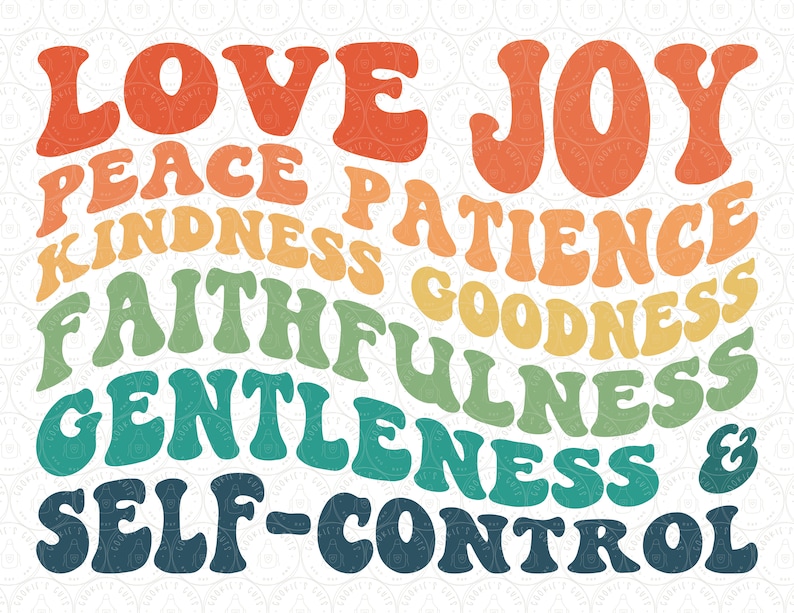 Puede incluir: Un dise&ntilde;o gr&aacute;fico colorido con las palabras "Amor, Alegr&iacute;a, Paz, Paciencia, Bondad, Fidelidad, Mansedumbre y Autocontrol" en un patr&oacute;n de arco&iacute;ris.