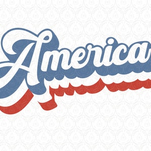 May include: A retro-style graphic design of the word "America" in white letters with a blue outline and red and white stripes underneath.