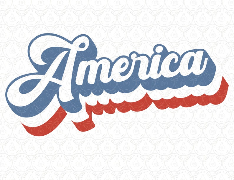 May include: A retro-style graphic design of the word "America" in white letters with a blue outline and red and white stripes underneath.