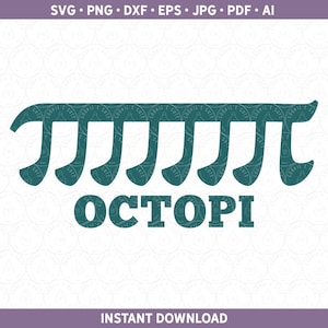 May include: A teal blue graphic design of eight pi symbols arranged in a row, with the word "OCTOPI" written below. The design is on a white background.