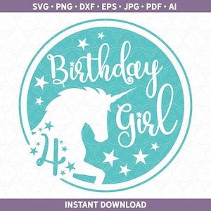 Licorne 4e anniversaire SVG DXF PNG 4 ans fille anniversaire chemise de fête mignonne, quatrième anniversaire htv | Fichier de découpe pour Cricut® & Silhouette ai pdf eps jpg