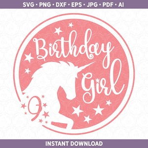 Licorne 9e anniversaire SVG DXF PNG Fille 9 ans neuf neuvième anniversaire jolie chemise de fête, vinyle htv | Fichier de découpe pour Cricut® & Silhouette pdf eps jpg