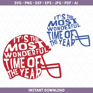 Puede incluir: Dos diseños de cascos de fútbol americano en rojo y azul, cada uno con la frase "It's the Most Wonderful Time of the Year" en blanco. La imagen es una descarga digital.