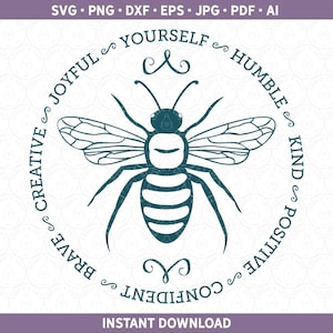 Peut inclure: Un cercle bleu avec une abeille au centre et les mots "Brave", "Creative", "Joyful", "Yourself", "Confident", "Positive", "Kind", et "Humble" autour de l'extérieur.