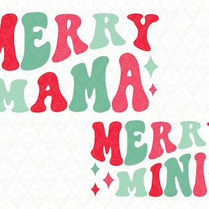 Pode incluir: Gr&aacute;fico em estilo retr&ocirc; com as palavras "MERRY MAMA" e "MERRY MINI" em letras de bolhas vermelhas, rosa e verde-azulado. Formas de diamante em cores correspondentes acentuam o texto, criando um design festivo de f&eacute;rias.
