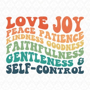 Puede incluir: Un dise&ntilde;o gr&aacute;fico colorido con las palabras "Amor, Alegr&iacute;a, Paz, Paciencia, Bondad, Benevolencia, Fe, Suavidad y Autocontrol" en un esquema de colores arco&iacute;ris.