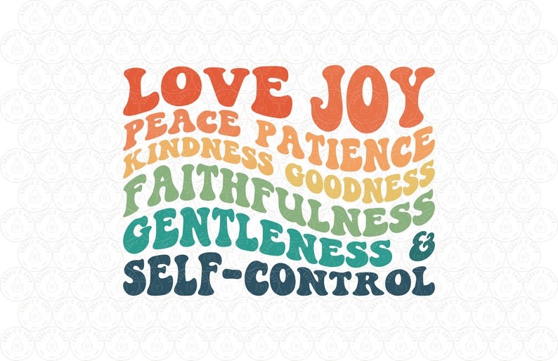 Puede incluir: Un dise&ntilde;o gr&aacute;fico colorido con las palabras "Amor, Alegr&iacute;a, Paz, Paciencia, Bondad, Benevolencia, Fe, Suavidad y Autocontrol" en un esquema de colores arco&iacute;ris.