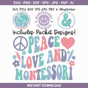 Montessori-svg | Vrede, liefde en montessori, png | First Day of School sublimatie ontwerp gesneden bestand voor Cricut® Silhouette dxf ai pdf eps jpg