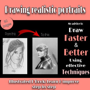 Peut inclure: Une illustration numérique de deux portraits, l'un avant et l'autre après, montrant comment dessiner des portraits réalistes plus rapidement et mieux en utilisant des techniques efficaces. Le texte "Dessiner plus vite et mieux en utilisant des techniques efficaces" est affiché sur le côté droit de l'image. Le texte "E-book illustré : Apprendre et s'améliorer étape par étape" est affiché en bas de l'image.
