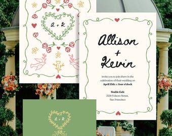 Floral Wedding Invitation Suite: Whimsical Garden Party, Editable Template (Digital Download)