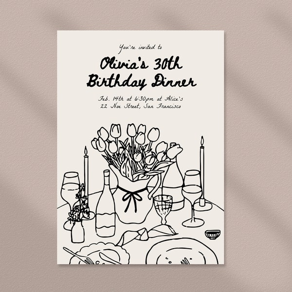 Handwritten Dinner Party Invitation Template, Birthday, Anniversary, Graduation, Digital Download, Hand drawn illustration invite