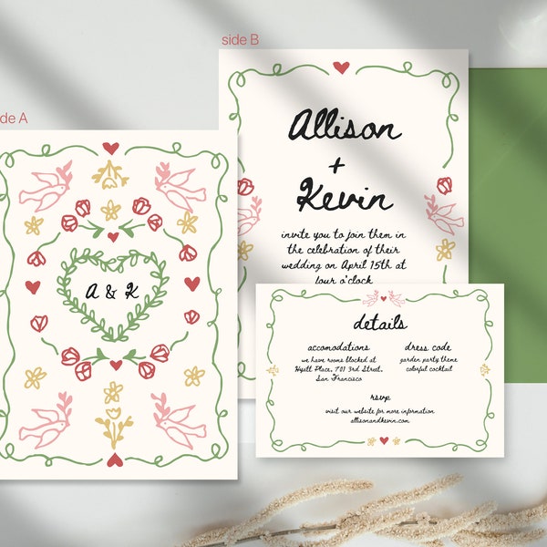 Floral Whimsical Handwritten Wedding Invitation Suite, Garden Party, Digital Download, Editable Template, Hand Drawn, Playful Illustration