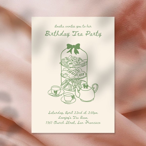 Handwritten Tea Party Invitation, Bridal Birthday, Coquette, Mothers Day, Digital Download, Editable Template, Hand Drawn, Garden Tea Time