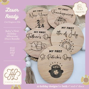 Laser Cut Baby&#39;s First Holiday Milestone Disc SVG | Wood Engraved Monthly Sign Bundle | Digital File for Glowforge, OMTech, XTool